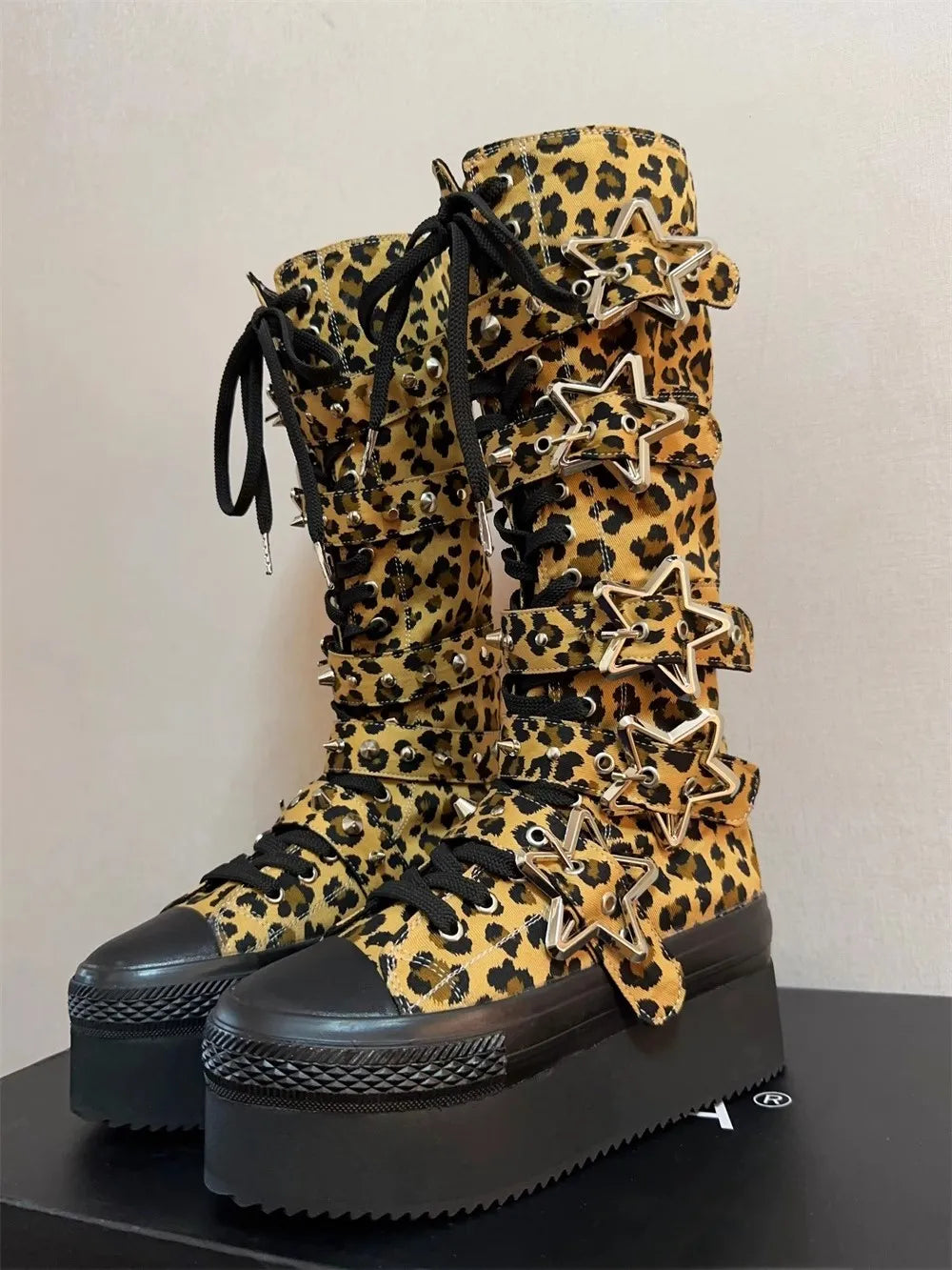 Women Motorcycle Boots woman high thick Heels pumps Cool Lady knight boots girl punk Retro Leopard Maillard long canvas boots