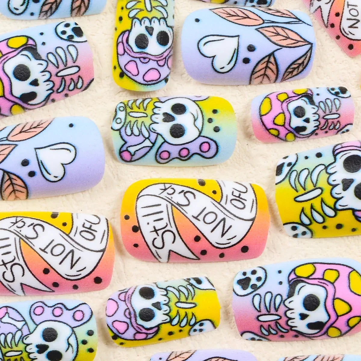 24-Piece Halloween Press-On Nails Set - Mixed Colors, Short Square Shape, Matte Finish with Skull and Holiday Designs