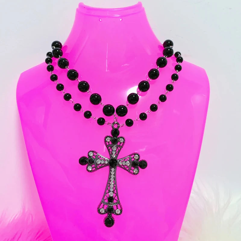 Y2K Jewelry Black Beads Crystal Cross Pendant Necklace Women Goth Accessories Charm Necklace Korean Fashion Choker Punk Grunge