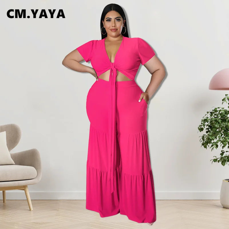 CM.YAYA Elegant Plus Size Loose Lantern Flare Trousers Suit - Women's Tie Crop Top and Straight Pants Two Piece Set