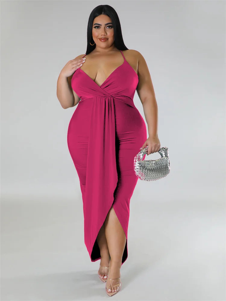 Wmstar Plus Size Summer Dresses for Women Slip Sleeveless Solid V Neck Elegant  Maxi Dress New Clothes Wholesale Dropshipping