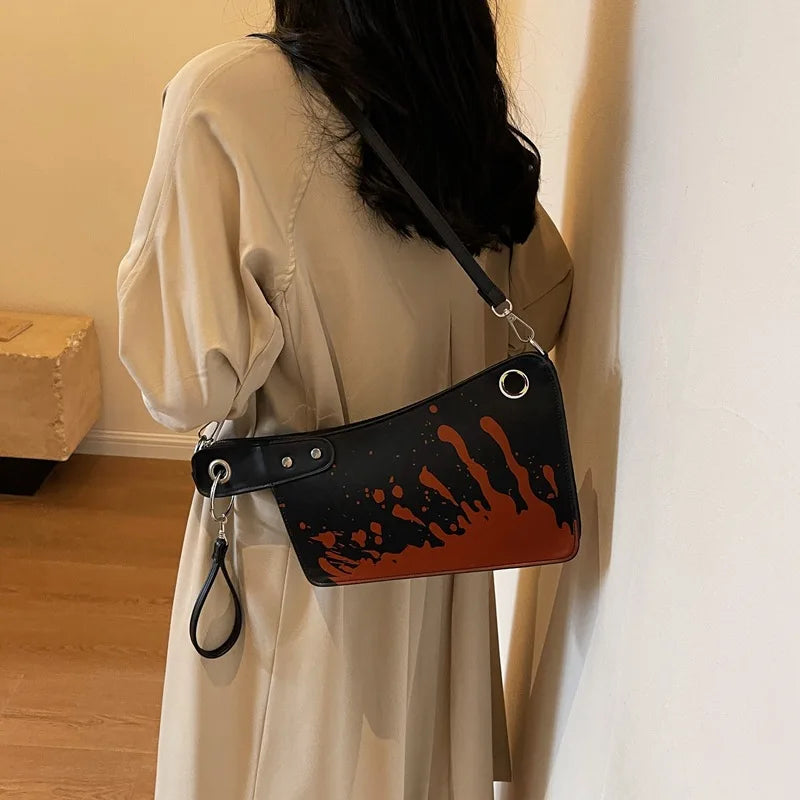 Unique Horror-Inspired Small Leather Handbag for Women - Bloody Knife Shaped Crossbody Shoulder Bag with Top Handle, Fun and Fashionable