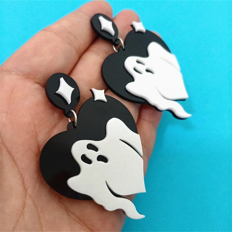 KUGUYS Ghost Heart Drop Earrings - Black and White Acrylic Halloween Jewelry Accessories for Women