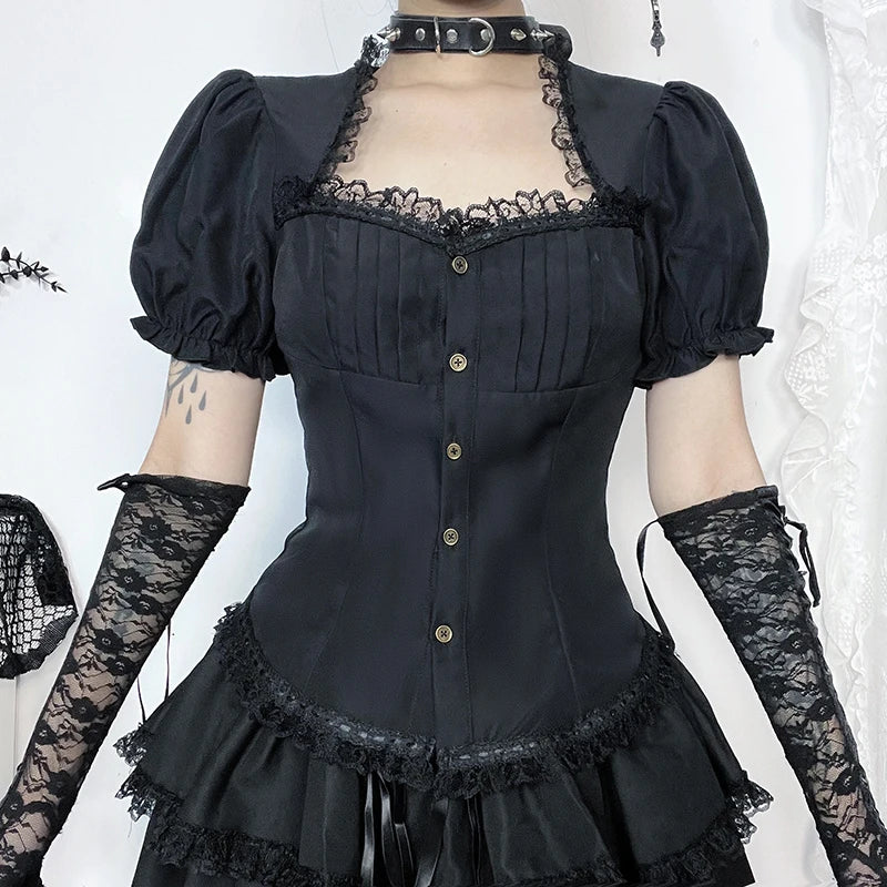 Y2K Gothic Black Lace Corset Crop Top - Harajuku Sexy Aesthetic Summer Tee