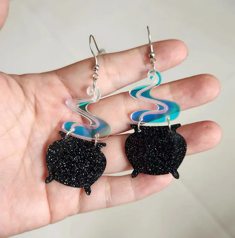 Funky Black Witch Cauldron Halloween Earrings for Women - Laser Cut Ghost Acrylic Drop Earring Gift