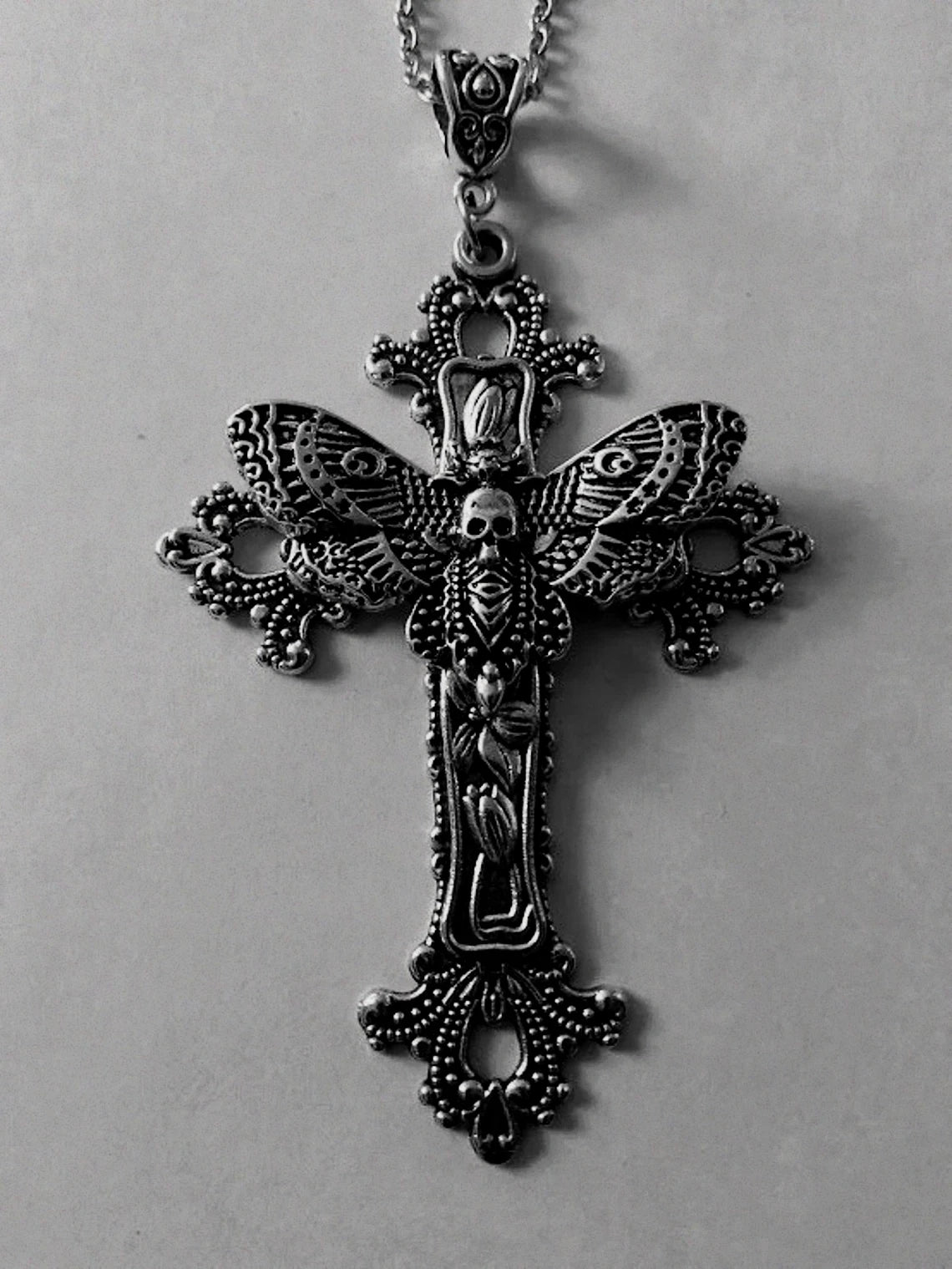 Large Moth Cross Necklace Pendant Floral Filigree Victorian Vintage Gothic Style Great Gift