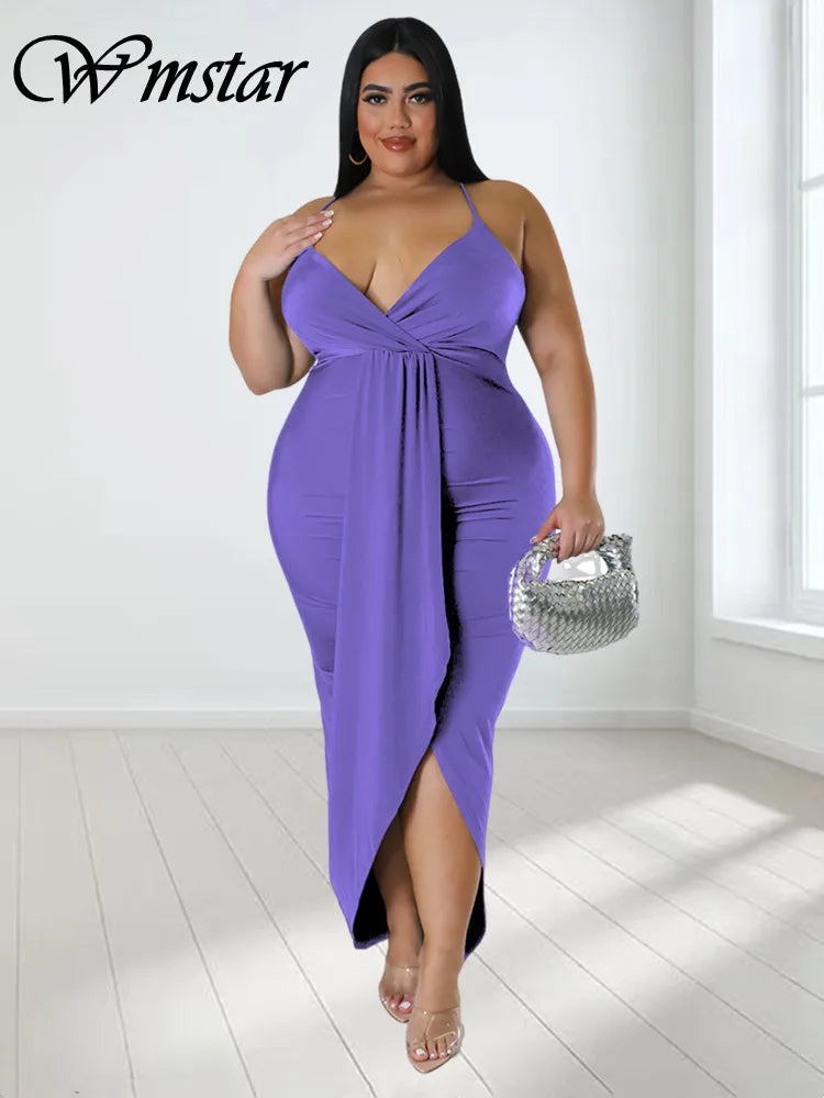 Wmstar Plus Size Summer Dresses for Women Slip Sleeveless Solid V Neck Elegant  Maxi Dress New Clothes Wholesale Dropshipping