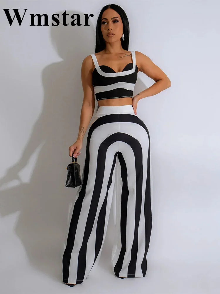 Wmstar Women Two Piece Set Summer Casual Striped Print Suspender V Neck Sleeveless Top Straight Pants Streetwear Lady Outfits