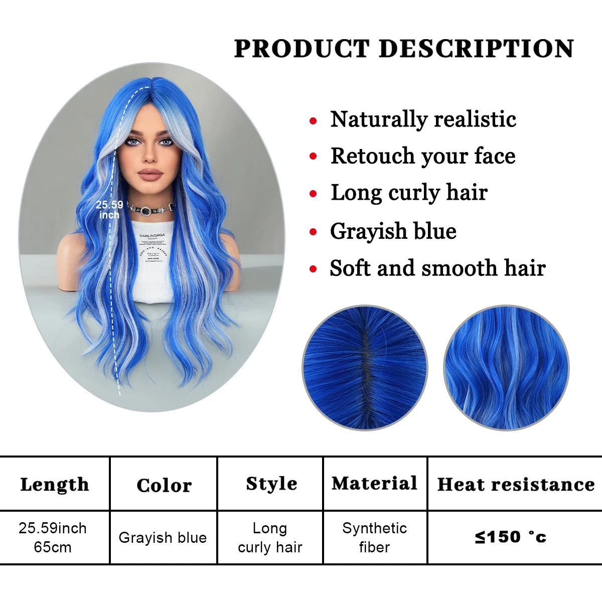 PARK YUN Long Loose Curly Blue Highlight Ash Wigs Middle Part Heat Resistant Synthetic Hair Wigs with Curtain Bangs