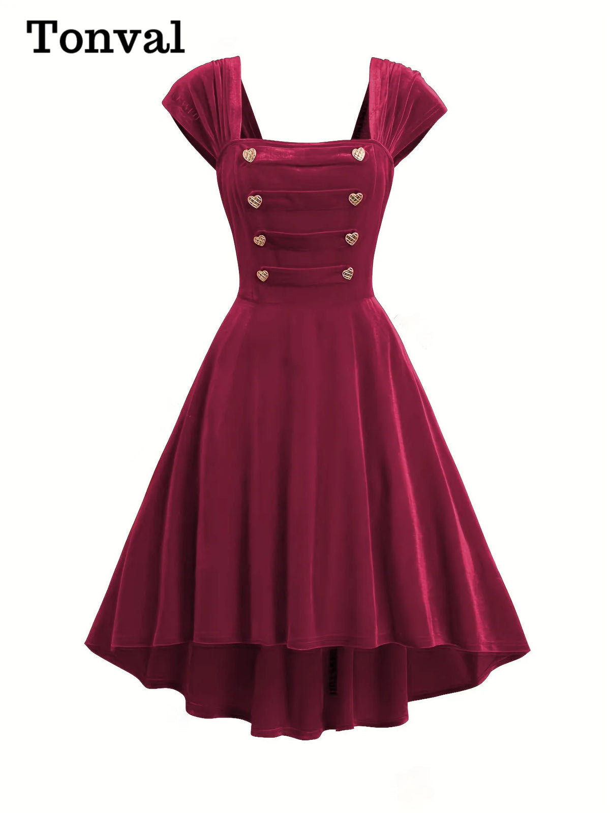 Tonval Square Neck Buttons Front High Low Hem Burgundy Dress 2024 Elegant Evening Party Women Vintage Style Dresses