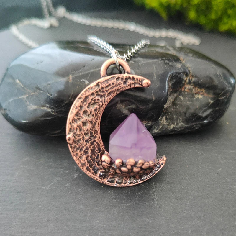 Pagan Crescent Moon Necklace with Natural Amethyst Pendant – Woodland Wicca Gift