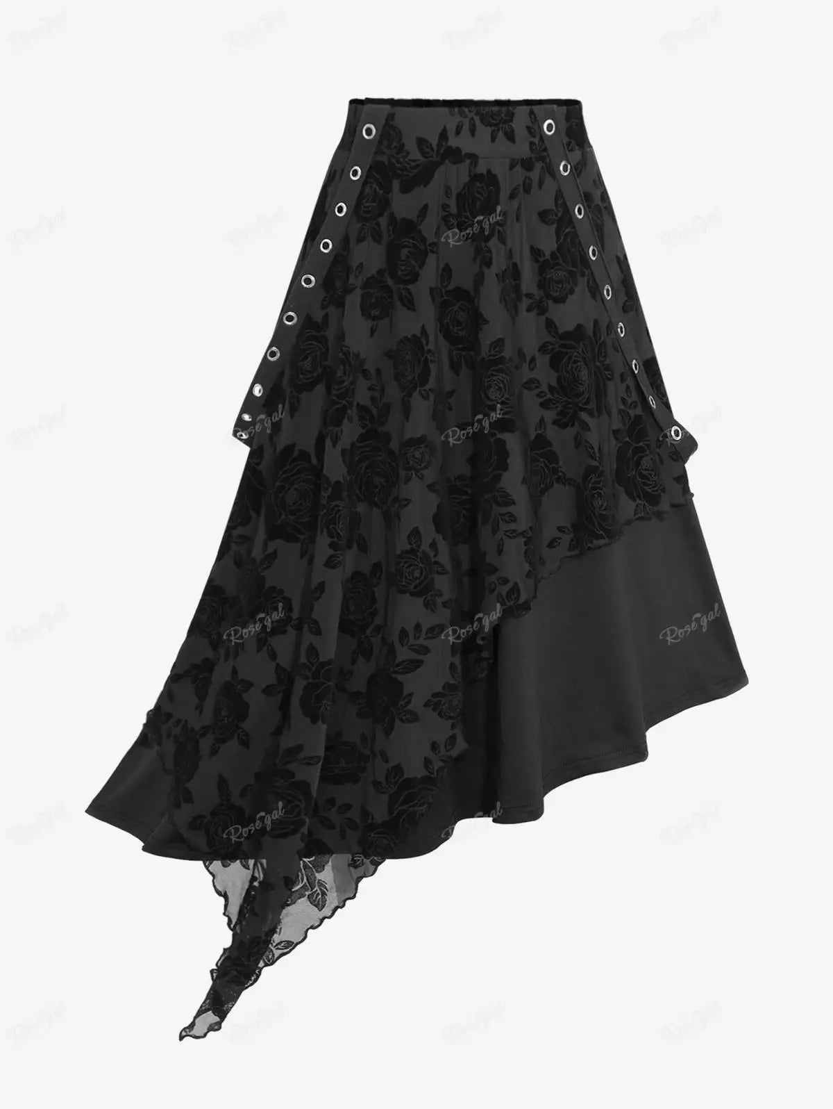 ROSEGAL Plus Size Black Rose Flower Mesh Flocking Layered Asymmetric Suspender Skirt - Oversized Knee-Length Casual Skirt for Women