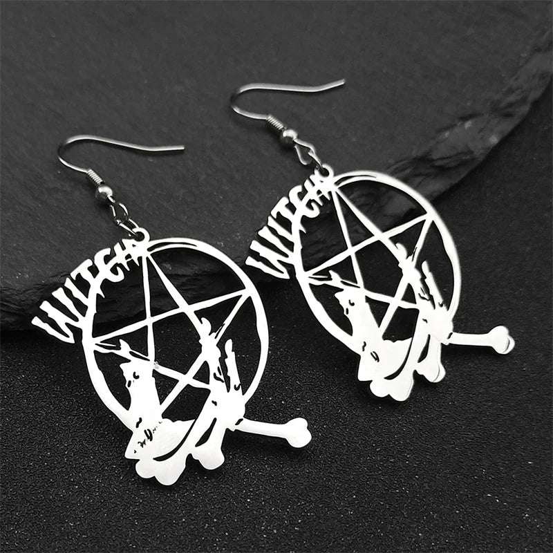 Goth Witchcraft Black Pentagram Hoop Earrings Stainless Steel Dark Round Star Jewelry Gift