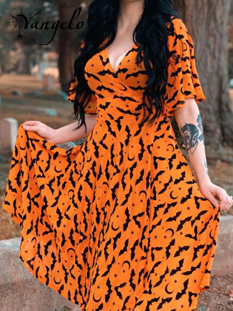 Yangelo Orange Deep V-neck Fairy Grunge Dress Women Mall Gothic Aesthetics Elegant Bat Pattern Split Sexy Dress