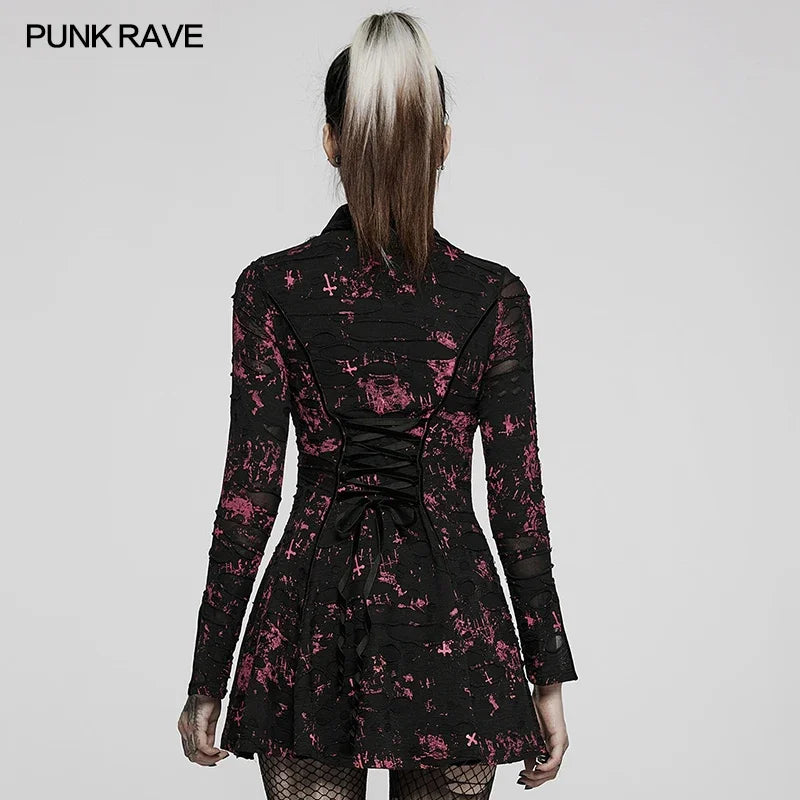 PUNK RAVE Gothic Printed Dress - Elastic Ripped Knit with Point Collar, Drawstring Waist, and Split Cuff Design