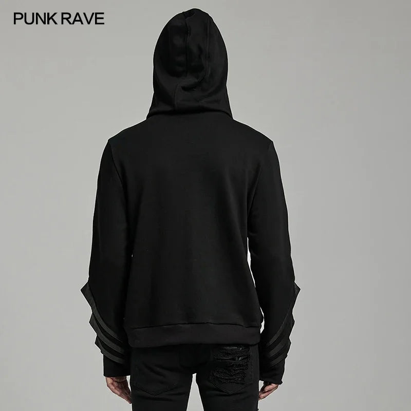 PUNK RAVE Men's Punk Personalized Integrated Collar Hoodie Club PU Loops Loose Fitting Tops Autumn Men Clothing Sweatshirt