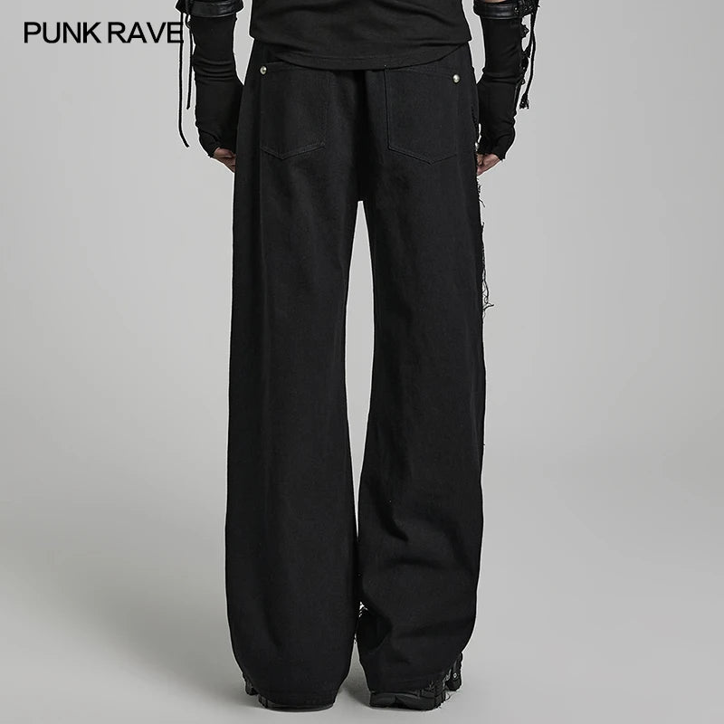 PUNK RAVE Men's Steampunk Doomsday Ripped Twill Denim Pants Personality Punk  Casual Handsome Loose Black Men Trousers