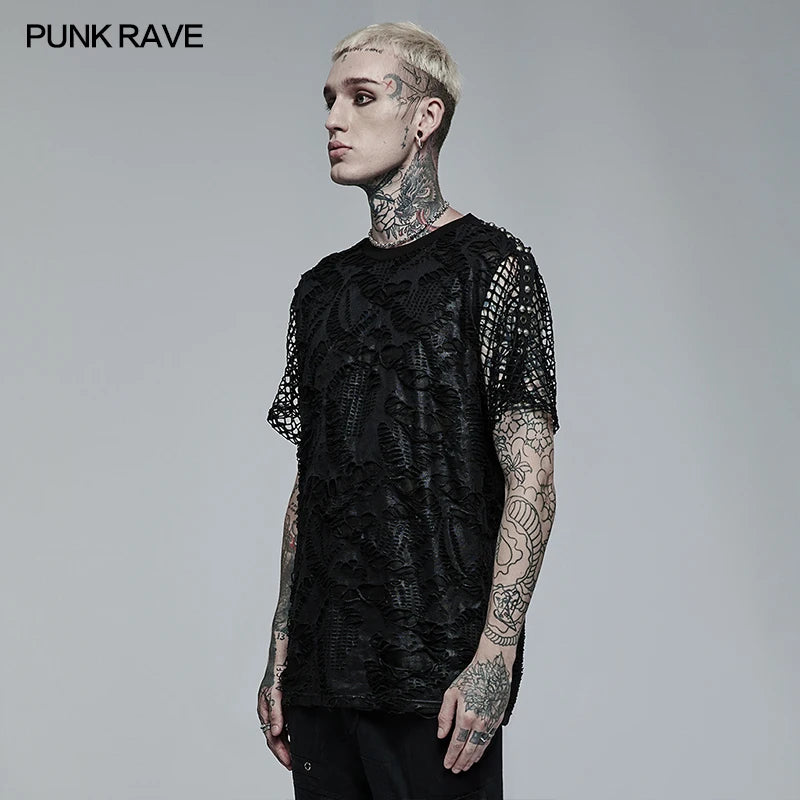 PUNK RAVE Men's Goth Daily Wear Knited Broken Holes Splices Mesh Short Sleeve T-shirt Fashion Personality Casual Loose Tees