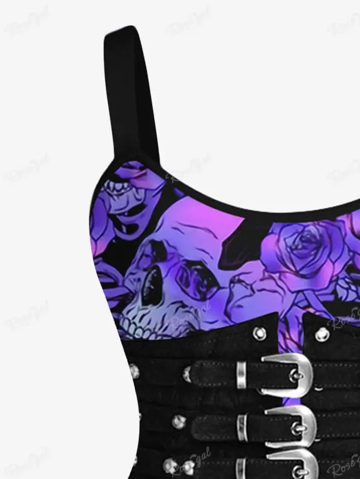 New In Fashion Plus Size Halloween Dress | Rose, Skull, Buckles Grommets 3D Printed Tank Dress for Women Summer