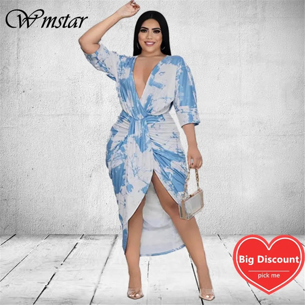 Wmstar Plus Size Dresses for Women 4xl 5xl Tie Dye V Neck  Draped Slip Hem Sexy Maxi Dress Office Lady Wholesale Dropshipping