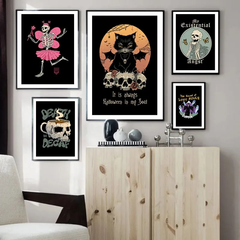 Black Fairy Skull Villain Halloween Posters - Mysterious Canvas Wall Art for Living Room Decor