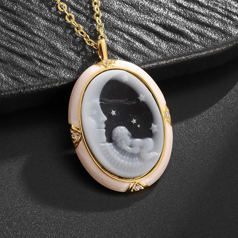 Ladies Elegant Onyx Cameo Moon Angel Pendant Necklace Girls Good Luck Dinner Jewelry Gift