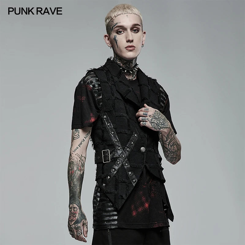 PUNK RAVE Men's Gothic Asymmetric Personality Twill Black Vest Casual Handsome Tank Top Back Hollow Out Design Four Seasons