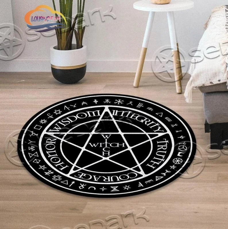 Pentacle Symbol Rug, Pentagram Patterned Round Carpet, Satan  Devil's Trap, White  on Black Supernatural Carpet