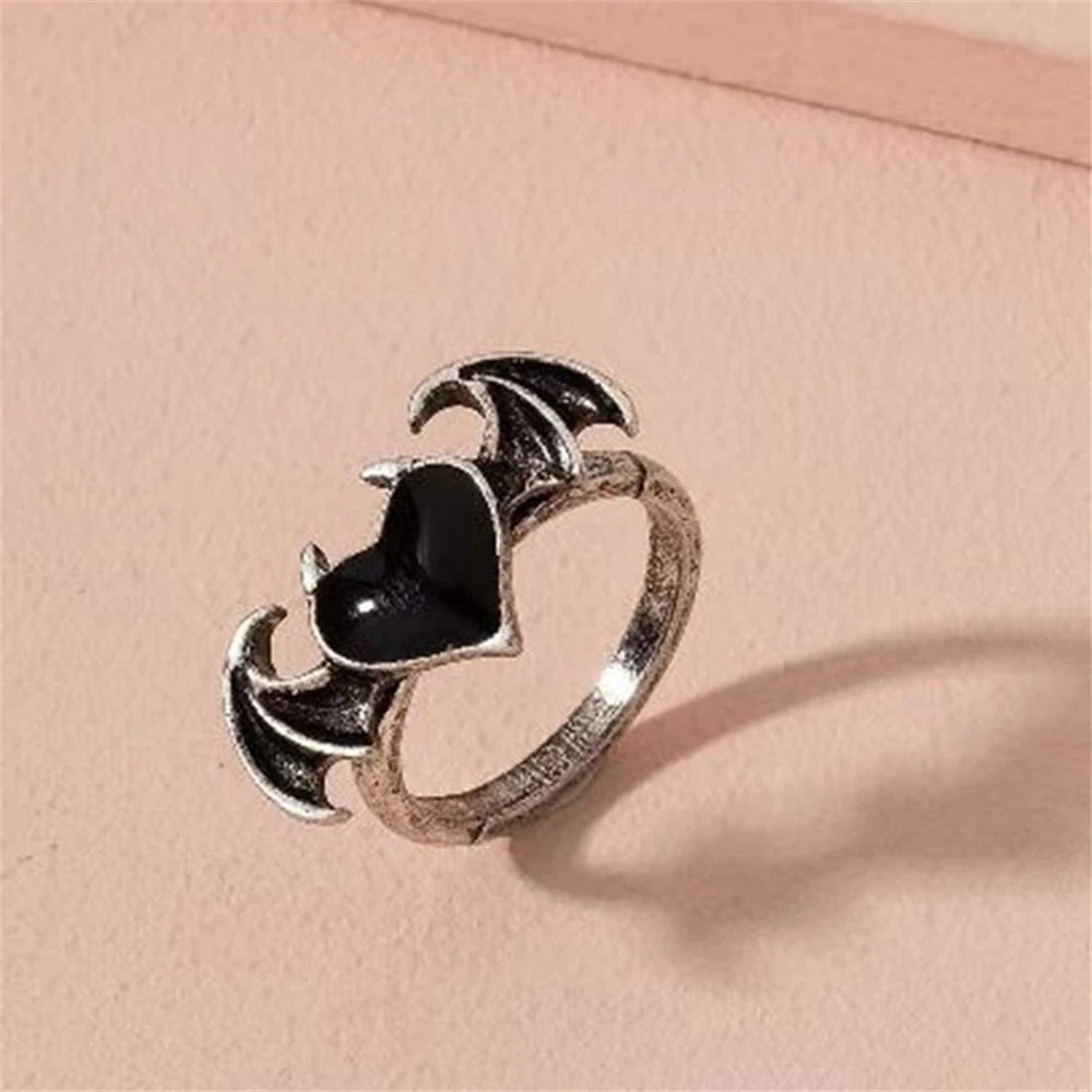 Retro Angel Demon Wings Black Heart Rings Fashion Goth Moonstone Open Finger Ring For Women Men Romantic Aesthetic Jewelry Gifts