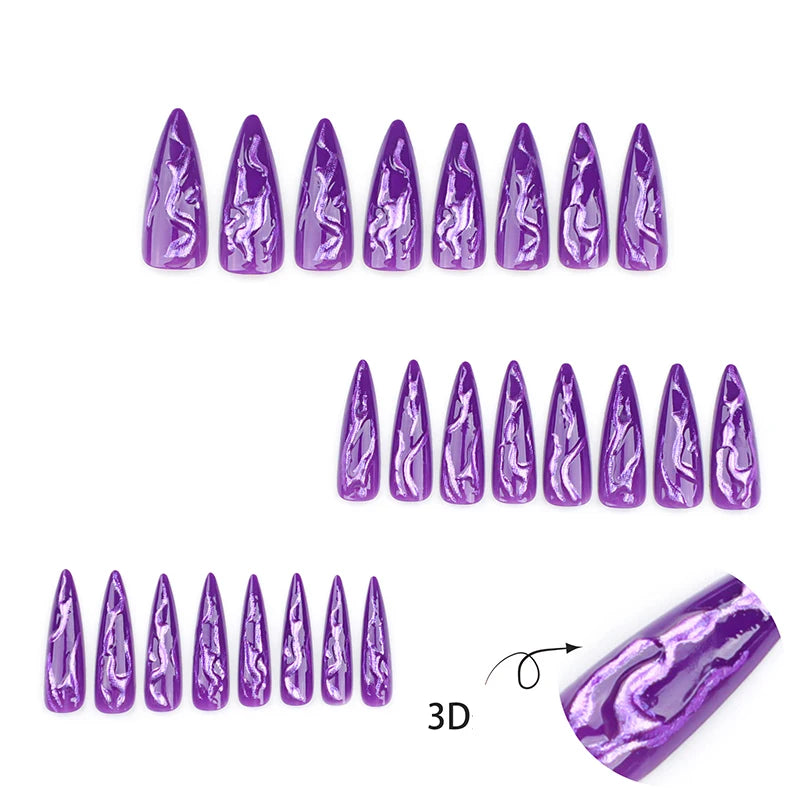 24Pcs Halloween Purple Magic Mirror Powder Press-On Nails – 3D Long Pointed Stiletto False Nails