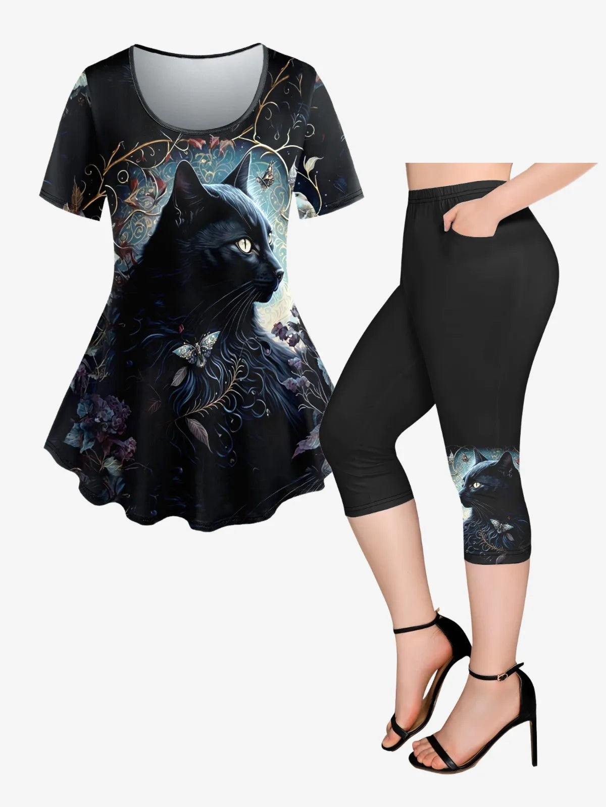 Plus Size Printed T-shirt or Pockets Capri Leggings: Women's Cat Flower Butterfly Casual Tee or Cropped Leggings XS-6X