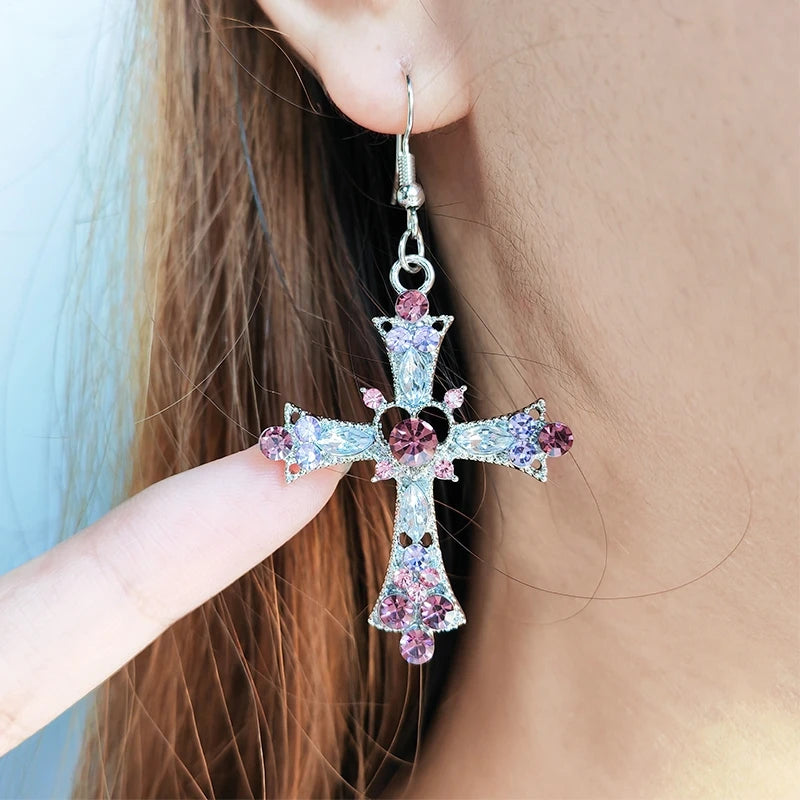 Goth Fancy Retro Pink Heart Cross Purple Zircon Drop Earrings