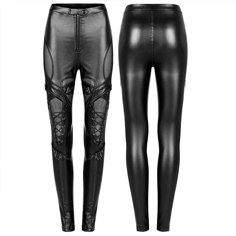 PUNK RAVE Gothic Skinny Imitation Leather Pants - Mesh Spliced Punk Leggings in Black