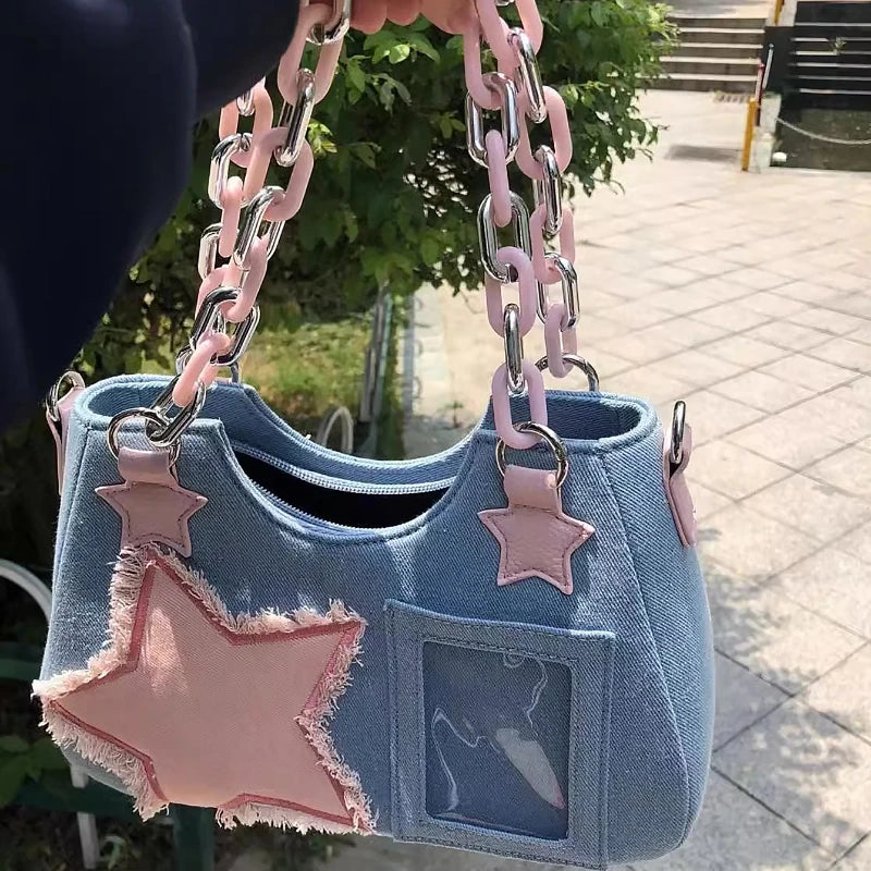 2024 Harajuku Star Denim Tote Bag - Luxury Chain Square Handbag for Women