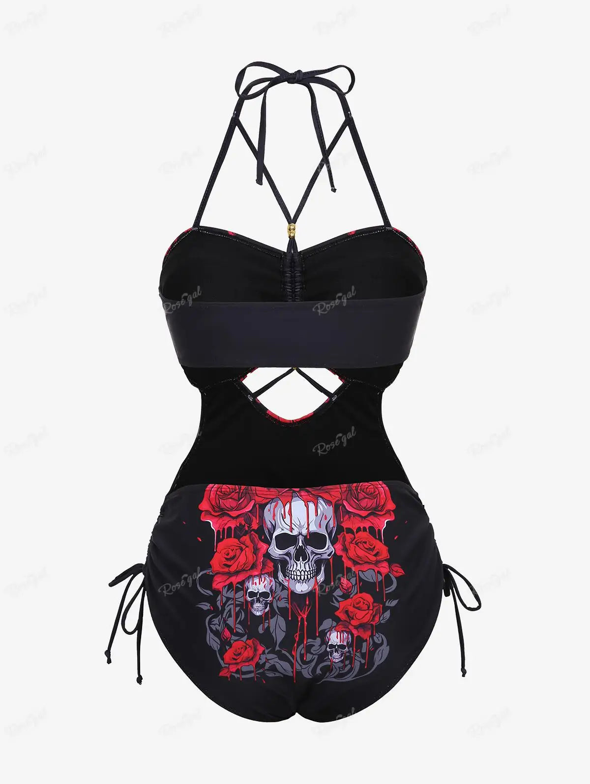 ROSEGAL Gothic Women's One Piece Swimwear Bloody Flower Skulls Print Cinched Ruched Hollow Out Halter Backless Strappy Swimsuit