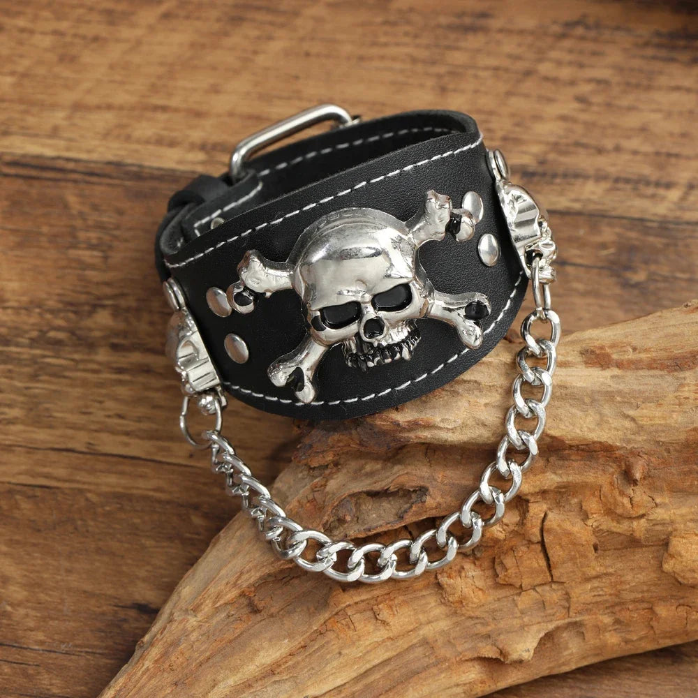 Handcrafted Skull Bracelet in Vintage Style - Wide Leather Cuff with Woven Genuine Leather and Rivets, Charming Men's Jewelry