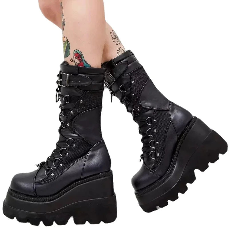 Brand Design Ladies High Platform Boots Big Size Rivet Goth High Heels Boots Women Cosplay Wedges Punk Shoes Woman Gothic Shoes