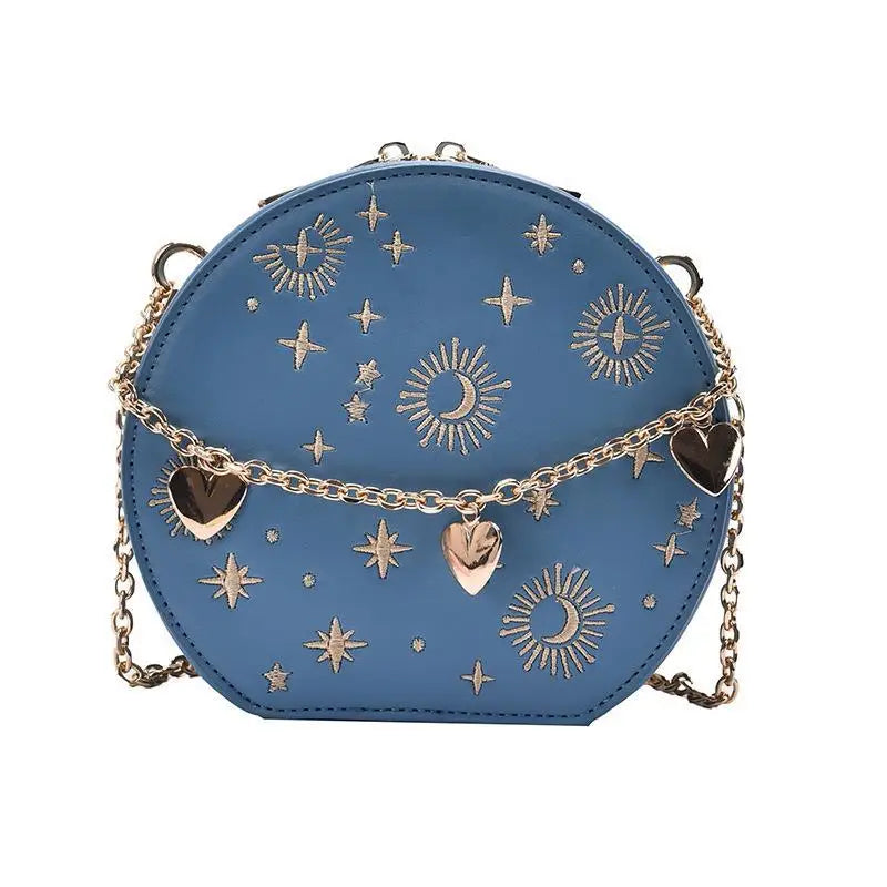 Starry Sky Round Crossbody Bag – Luxury Circular Embroidered Shoulder Bag with Chain, Small Handbag for Women