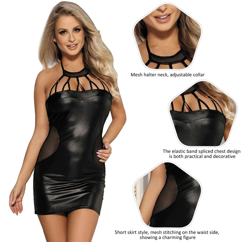 Comeondear Plus Size Women’s Hollow Out Faux Leather Bodycon Dress – Sexy Halter Fishnet, Summer Clubbing Dress