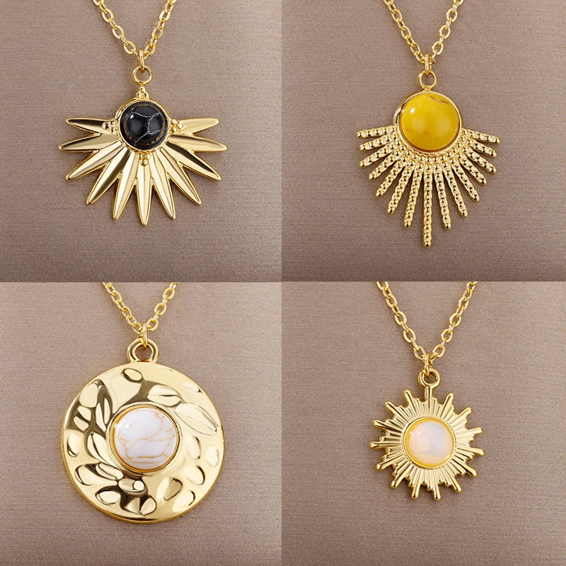 Vintage Resin Stone Sun Pendant Necklaces for Women Goth Stainless Steel Chain Necklace Choker Wedding Waterproof Jewelry Gift