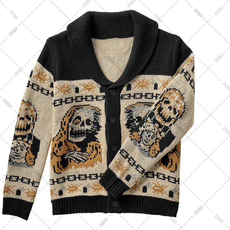 Punk Rocker Men's Skull Print Cardigan - Button Down Ugly Halloween Sweater