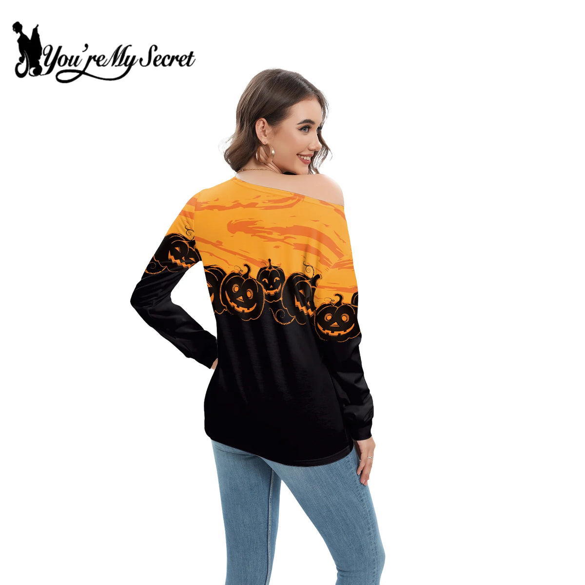 [You're My Secret] Women Slant Shoulder Long sleeve Vintage Crewneck Pullover Top Halloween Skull Printed Sweatshirt Streetwear