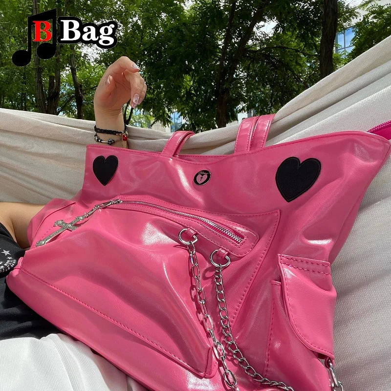 Large Capacity Commuting Leather Bag | Fashionable and Versatile Hot Pink Tote | One Shoulder Handbag with Chain and Heart Accents