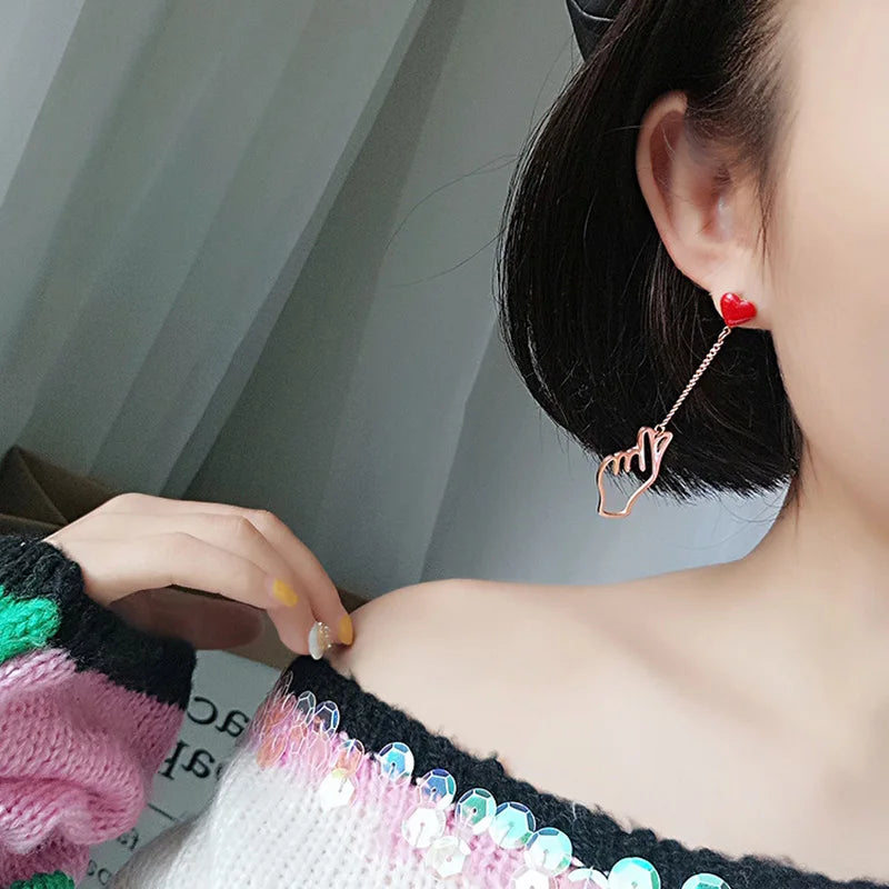 Trendy Korean Finger Heart Earrings for Women - Love Hand Gesture Asymmetry Studs, Valentine's Day Jewelry