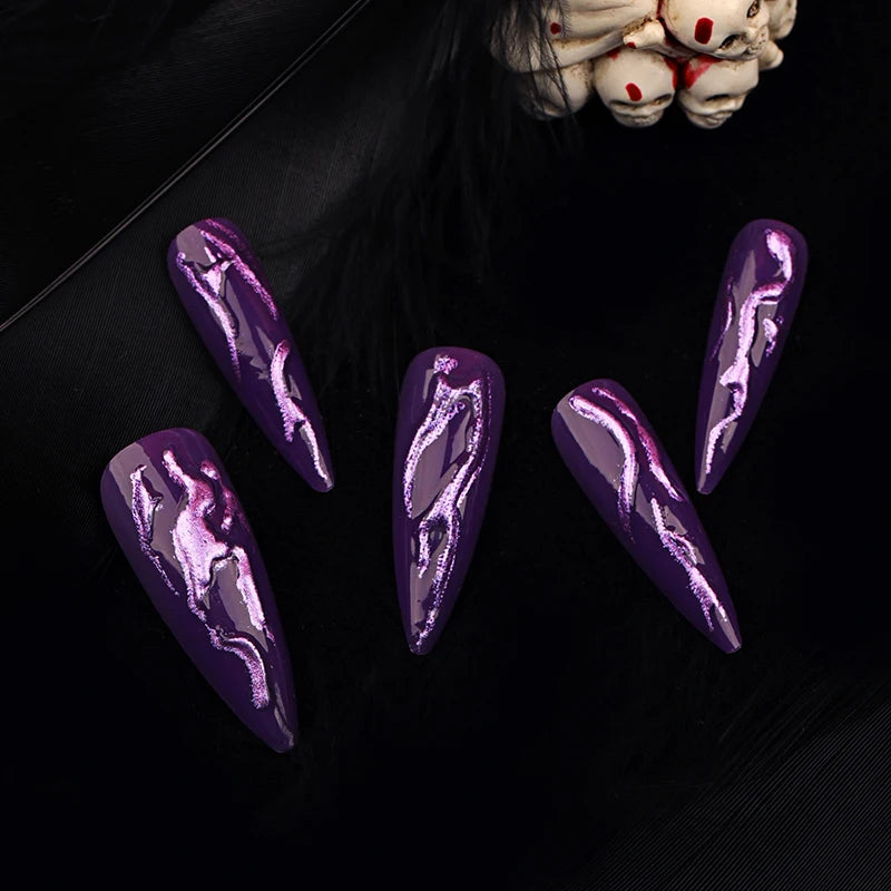 24Pcs Halloween Purple Magic Mirror Powder Press-On Nails – 3D Long Pointed Stiletto False Nails