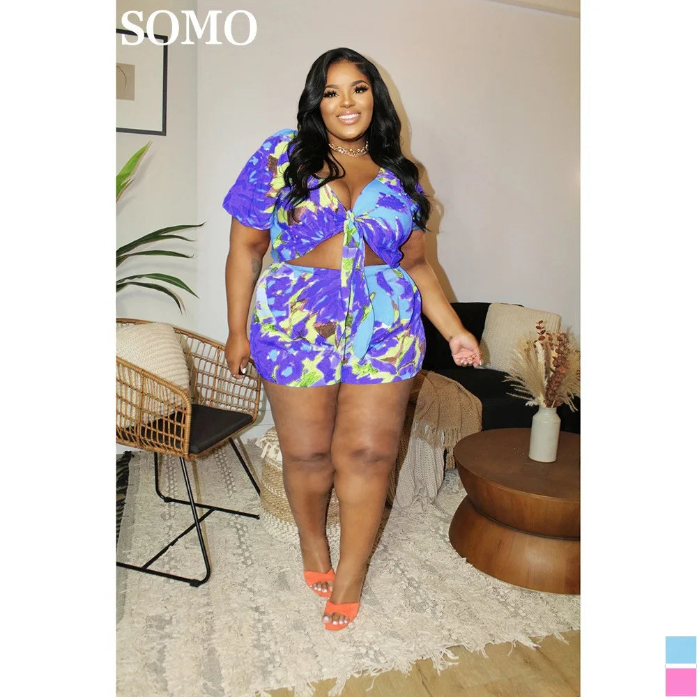 SOMO 4XL Summer Sexy Lace-Up Outfit – Plus Size Fashion Printed Shorts Two-Piece Set for Women