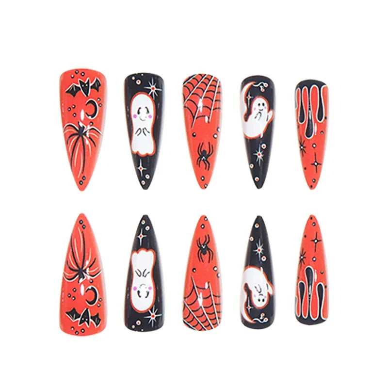 24pcs Halloween Spooky Stickers Cobweb Stick-On Nails – Press-On Decorated False Nail Tips, Acrylic Fake Nail Art