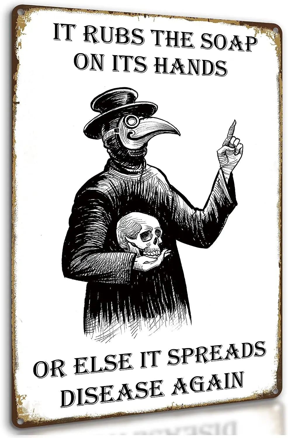 1pc Wash Your Hands Plague Doctor Gothic Decor Wall Art Metal Tin Sign for Bathroom Bedroom Living Room 8 x 12 Inch