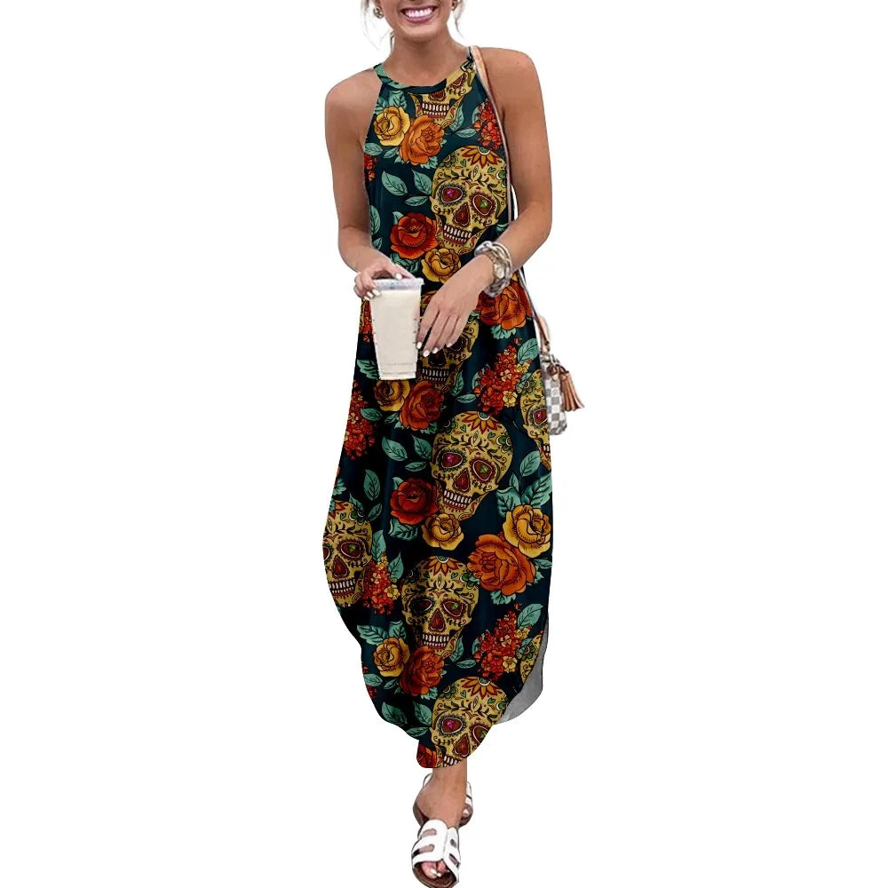 Floral Skull Print Women's Casual Short Sleeve Camisole Dress - Loose Long Double Pocket Beach Resort Dress