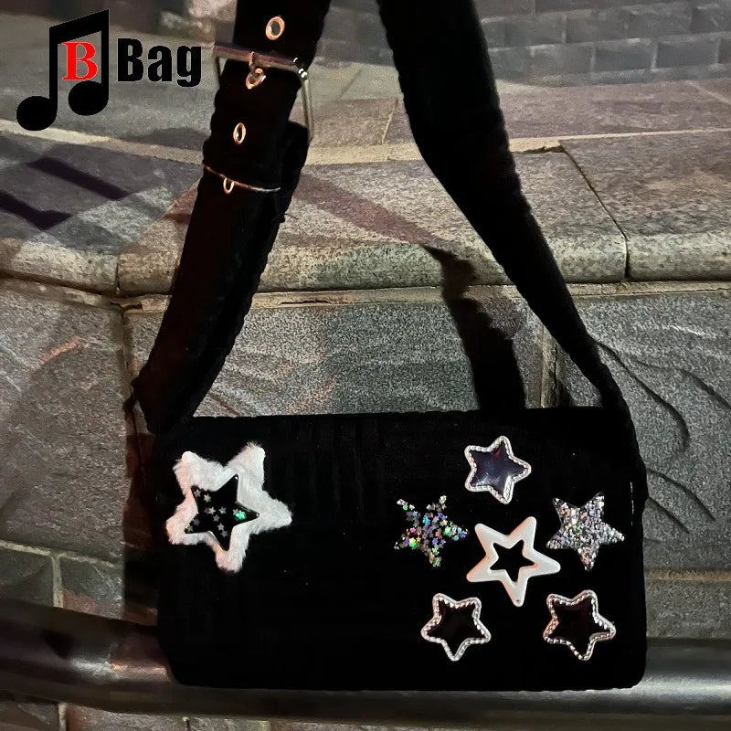 Vintage Women’s Corduroy Gothic Harajuku Stars Handbag | Versatile One Shoulder or Cross-body Underarm Bag